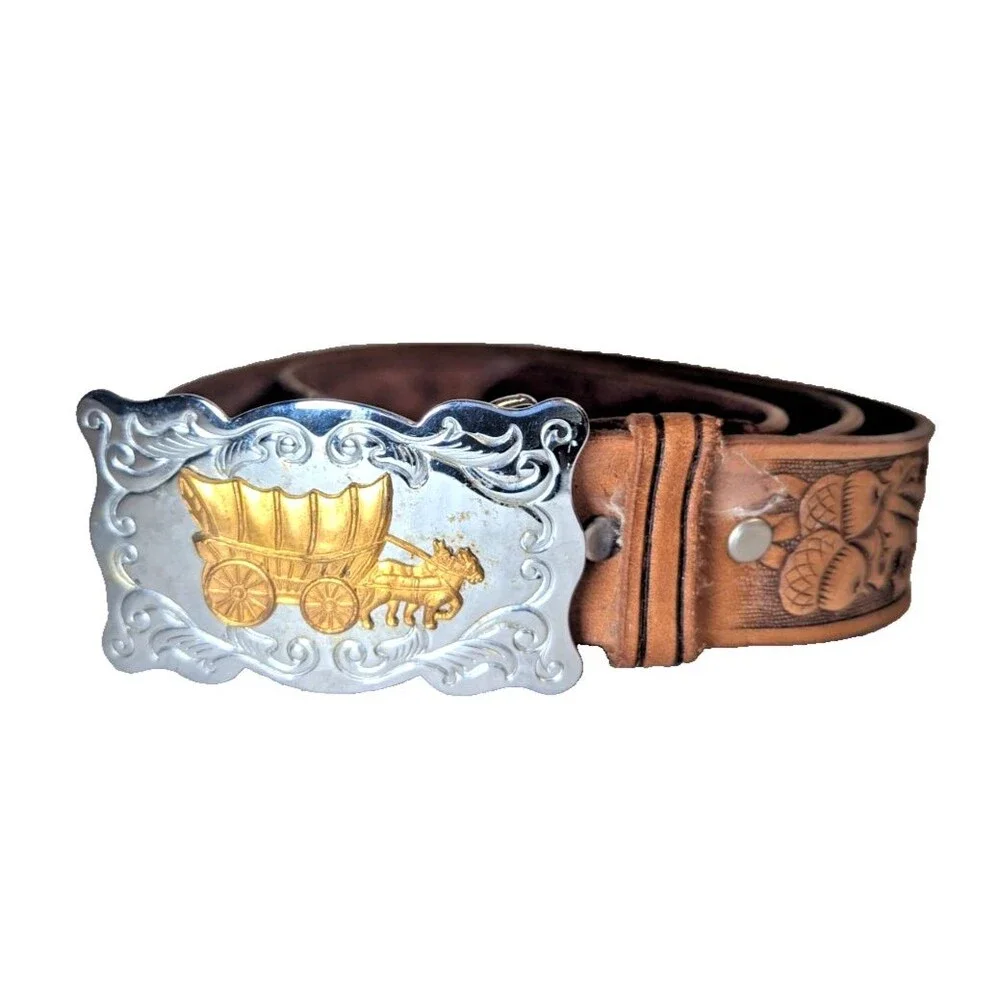 Chambers Leather Belt Co. USA Belt Buckle Covered Wagon Oak Leaves Acorn Belt